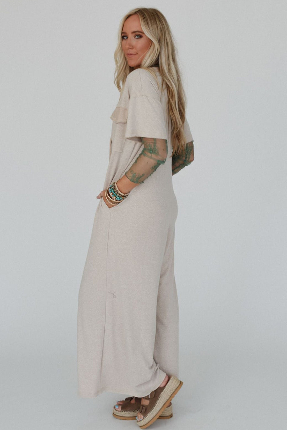 Beige Half Placket Chest Pockets Short Sleeve Wide Leg Jumpsuit
